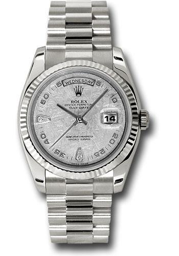 Rolex White Gold Day-Date 36mm Watch - 18k White Gold Fluted Bezel - Meteorite Diamond Dial - President Bracelet - (Discontinued Model) 118239 mtadp