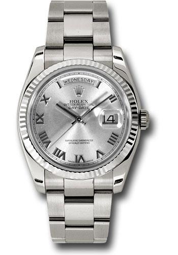 Rolex White Gold Day-Date 36mm Watch - 18k White Gold Fluted Bezel - Silver Roman Dial - Oyster Bracelet - (Discontinued Model) 118239 rro