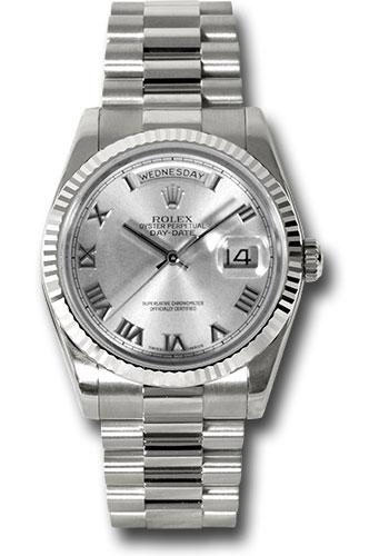 Rolex White Gold Day-Date 36mm Watch - 18k White Gold Fluted Bezel - Silver Roman Dial - President Bracelet - (Discontinued Model) 118239 rrp