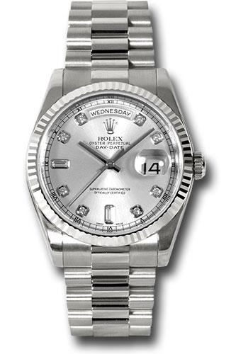 Rolex White Gold Day-Date 36mm Watch - 18k White Gold Fluted Bezel - Silver Diamond Dial - President Bracelet - (Discontinued Model) 118239 sdp