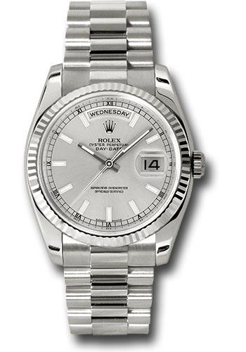 Rolex White Gold Day-Date 36mm Watch - 18k White Gold Fluted Bezel - Silver Index Dial - President Bracelet - (Discontinued Model) 118239 ssp