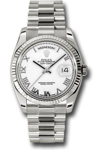 Rolex White Gold Day-Date 36mm Watch - 18k White Gold Fluted Bezel - White Roman Dial - President Bracelet - (Discontinued Model) 118239 wrp