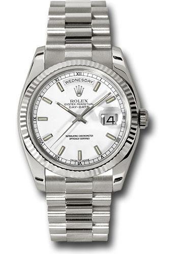 Rolex White Gold Day-Date 36mm Watch - 18k White Gold Fluted Bezel - White Index Dial - President Bracelet - (Discontinued Model) 118239 wsp