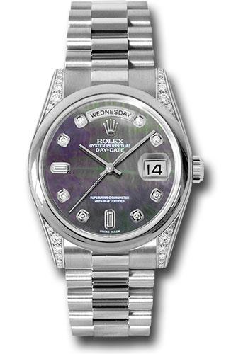 Rolex Platinum Day-Date 36mm Watch - Platinum Smooth/Domed Bezel - Diamond Lugs, Dark Mother-Of-Pearl Diamond Dial - President Bracelet - (Discontinued Model) 118296 dkmdp