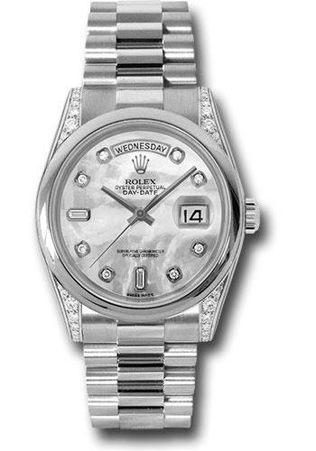 Rolex Platinum Day-Date 36mm Watch - Platinum Smooth/Domed Bezel - Diamond Lugs, Mother-Of-Pearl Diamond Dial - President Bracelet -(Discontinued Model) 118296 mdp