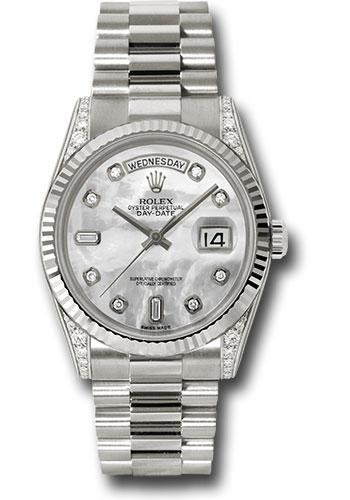 Rolex White Gold Day-Date 36mm Watch -18k White Gold Fluted Bezel -Diamond Lugs, Mother-Of-Pearl Diamond Dial - President Bracelet - (Discontinued Model) 118339 mdp