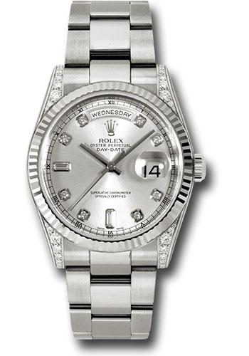 Rolex White Gold Day-Date 36mm Watch - 18k White Gold Fluted Bezel - Diamond Lugs, Silver Diamond Dial - Oyster Bracelet - (Discontinued Model) 118339 sdo