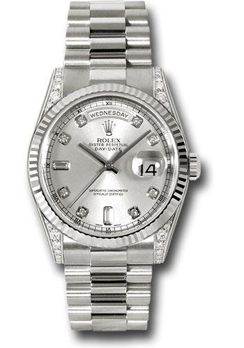 Rolex White Gold Day-Date 36mm Watch - 18k White Gold Fluted Bezel - Diamond Lugs, Silver Diamond Dial - President Bracelet - (Discontinued Model) 118339 sdp