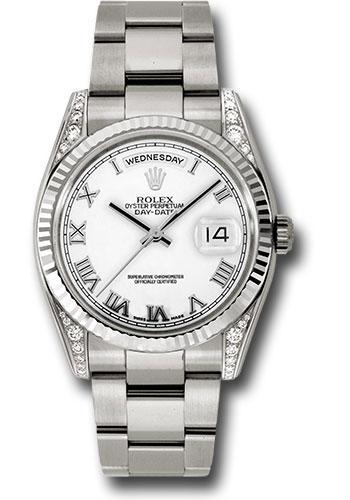 Rolex White Gold Day-Date 36mmm Watch - 18k White Gold Fluted Bezel - Diamond Lugs, White Roman Dial - Oyster Bracelet - (Discontinued Model) 118339 wro