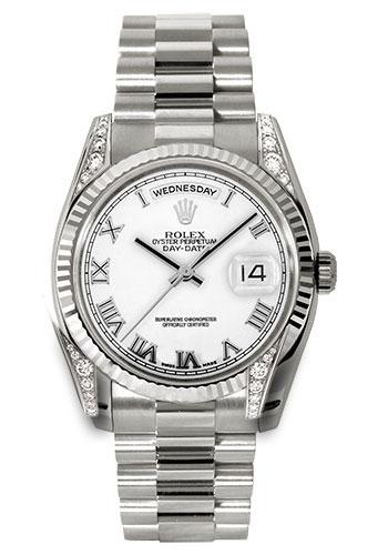 Rolex White Gold Day-Date 36mm Watch - 18k White Gold Fluted Bezel - Diamond Lugs, White Roman Dial - President Bracelet - (Discontinued Model) 118339 wrp