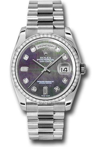 Rolex Platinum Day-Date 36mm Watch -  Diamond Bezel - Dark Mother-Of-Pearl Diamond Dial - President Bracelet -(Discontinued Model) 118346 dkmdp