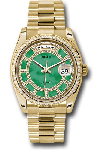 Rolex Yellow Gold Day-Date 36mm Watch -  Diamond Bezel - Carousel Of Green Jade Diamond Dial - President Bracelet - (Discontinued Model) 118348 cgjdp