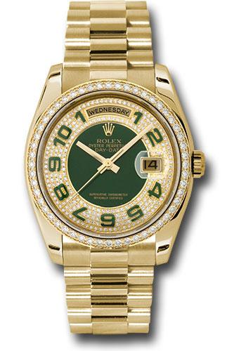 Rolex Yellow Gold Day-Date 36mm Watch -  Diamond Bezel - Pave Edge Green Dial - President Bracelet - (Discontinued Model) 118348 pgap