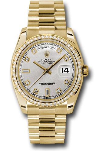 Rolex Yellow Gold Day-Date 36mm Watch -  Diamond Bezel - Silver Diamond Dial - President Bracelet - (Discontinued Model) 118348 sdp