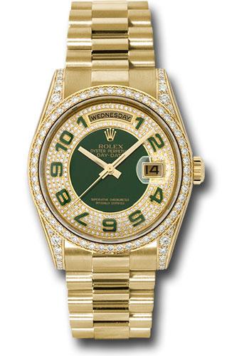 Rolex Yellow Gold Day-Date 36mm Watch -  Diamond Bezel, Diamond Lugs - Pave Edge Green Dial - President Bracelet - (Discontinued Model) 118388 pgap