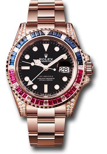 Rolex Everose Gold GMT-Master II 40mm Watch - Diamond Lugs - Diamond Sapphire Emerald Bezel - Black Dial - Oyster Bracelet - 126755SARU