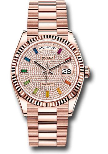 Rolex Everose Gold Day-Date 36mm Watch - Fluted Bezel - Diamond-Paved Rainbow Sapphire Dial - President Bracelet - 128235 dprsp