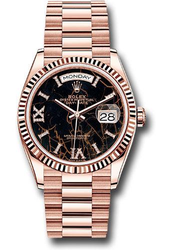 Rolex Everose Gold Day-Date 36mm Watch - Fluted Bezel - Special Edition Eisenkiesel Roman Diamond Dial - President Bracelet - 128235 edr69p