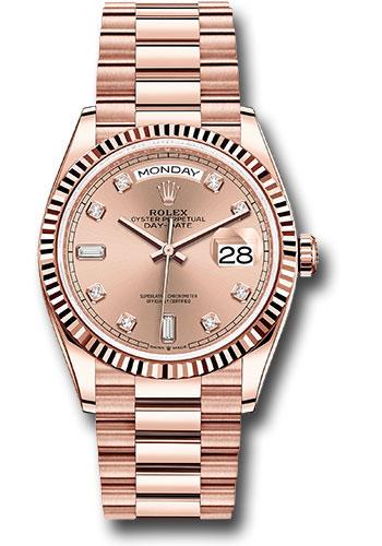 Rolex Everose Gold Day-Date 36mm Watch - 18K Rose Gold Fluted Bezel - Sundust/Pink Diamond Dial - President Bracelet - 128235 rodp