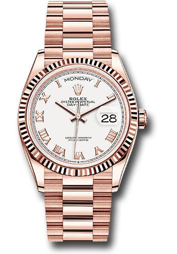 Rolex Everose Gold Day-Date 36mm Watch - 18K Rose Gold Fluted Bezel - White Roman Dial - President Bracelet - 128235 wrp