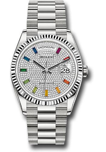 Rolex White Gold Day-Date 36mm Watch - 18k White Gold Fluted Bezel - Diamond Paved Rainbow Sapphire Dial - President Bracelet - 128239 dprsp