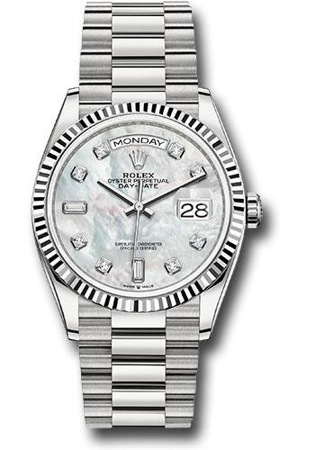 Rolex White Gold Day-Date 36mm Watch - 18k White Gold Fluted Bezel - Mother-of-Pearl Diamond Dial - President Bracelet - 128239 mdp