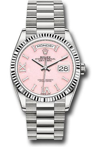 Rolex White Gold Day-Date 36mm Watch - 18k White Gold Fluted Bezel - Pink Opal Diamond Hour Marker Dial - President Bracelet - 128239 podhmp