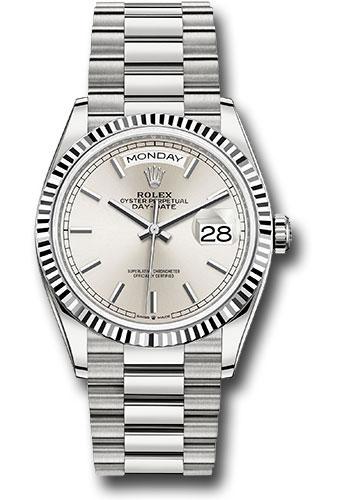 Rolex White Gold Day-Date 36mm Watch - 18k White Gold Fluted Bezel - Silver Index Dial - President Bracelet - 128239 sip