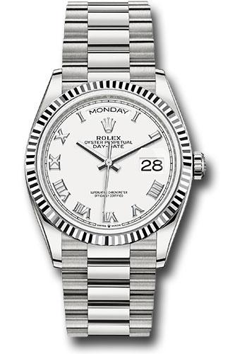 Rolex White Gold Day-Date 36mm Watch - 18k White Gold Fluted Bezel - White Roman Dial - President Bracelet - 128239 wrp