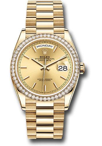 Rolex Yellow Gold Day-Date 36mm Watch - Diamond Bezel - Champagne Index Dial - President Bracelet - 128348RBR chip