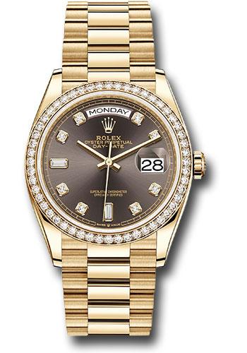 Rolex Yellow Gold Day-Date 36mm Watch - Diamond Bezel - Dark Grey Diamond Dial - President Bracelet - 128348RBR dkgdp