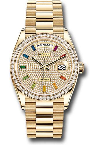 Rolex Yellow Gold Day-Date 36mm Watch - Diamond Bezel - Diamond-Paved Rainbow Sapphire Dial - President Bracelet - 128348RBR dprsp