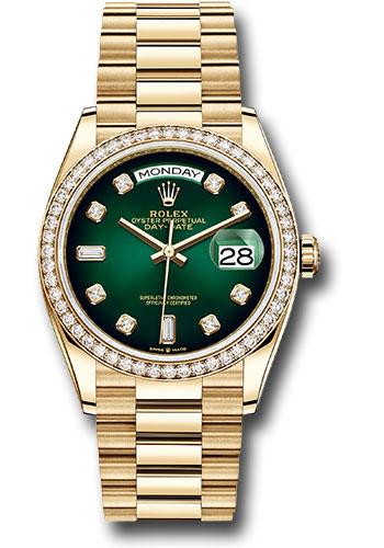 Rolex Yellow Gold Day-Date 36mm Watch - Diamond Bezel - Green Ombre´ Diamond Dial - President Bracelet - 128348RBR godp