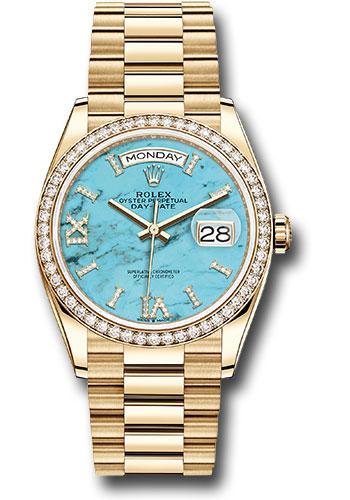 Rolex Yellow Gold Day-Date 36mm Watch - Diamond Bezel - Special Edition Turquoise Diamond Roman Dial - President Bracelet - 128348RBR tdidrp