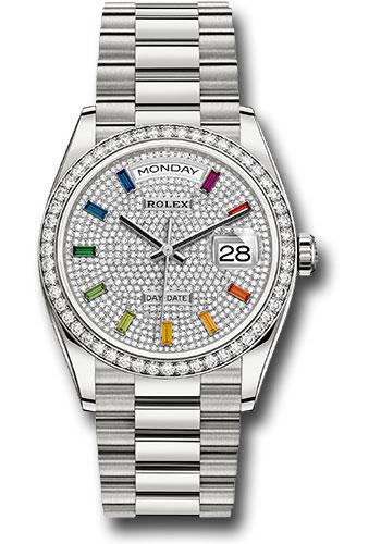 Rolex White Gold Day-Date 36mm Watch - Diamond Bezel - Diamond Paved Rainbow Sapphire Dial - President Bracelet - 128349RBR dprsp