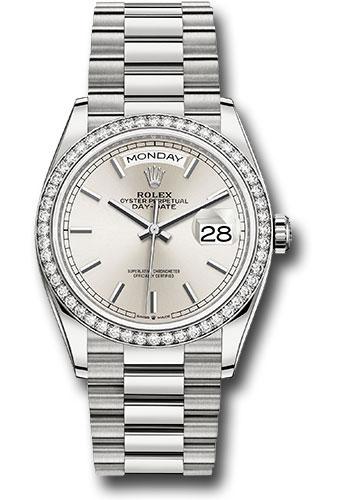 Rolex White Gold Day-Date 36mm Watch - Diamond Bezel - Silver Index Dial - President Bracelet - 128349RBR sip