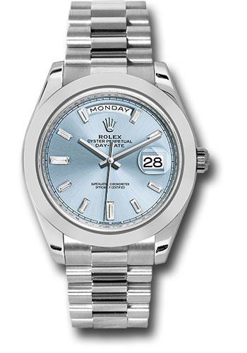 Rolex 950 Platinum Day-Date 40 Watch - Smooth Bezel - Ice Blue Baguette Diamond Dial - President Bracelet - (Discontinued Model) 228206 ibbdp